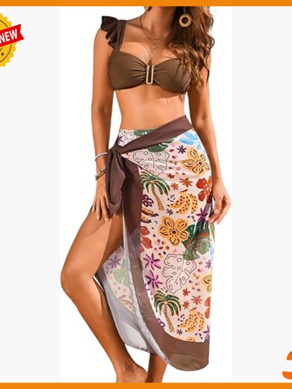 Floral Print 3-Piece Bikini Set with Sarong Cover Up, High Waisted